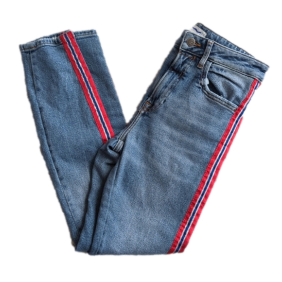 Zara Denim High Rise Red Side Stripe Skinny Jeans Size 4 Waist - Picture 1 of 5